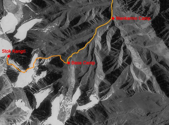 Hier ist der Weg von Mankarmo ins Base Camp und auf den Stok Kangri zu sehen