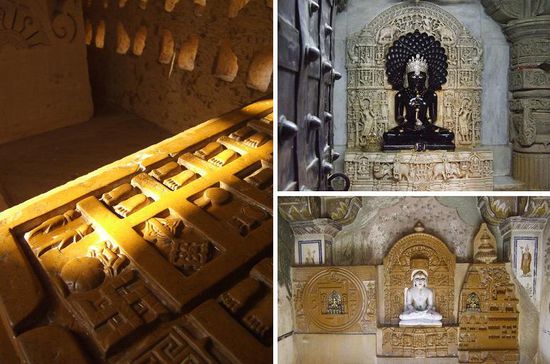 links: eine Art Stammbaum der 24 Tirthankaras 
rechts oben: Parshva der zweithoechste Tirthankara, er wird mit der Kobra assoziiert und dargestellt; ein junger Jain erzaehlt uns, dass in dem Tempel ein Kobra lebt und er ihr manchmal Milch gibt