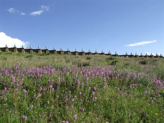 Eine von Stupas gesaeumte Mauer