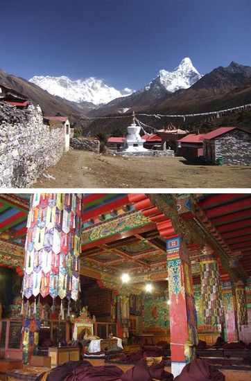 oben: erste Blicke auf Nuptse, Lohtse, den Gipfel des Everest und Ama Dablam rechts im Bild
unten: das Kloster in Tengboche erscheint gerade frisch renoviert und an Donations scheint es hier nicht zu Mangeln