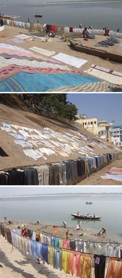 ...oder die Waeschereien, die ihre Waesche im Ganges waschen, teilweise direkt neben den Kremationsstaetten, wo die Asche und Ueberreste der Toten in den Fluss gekippt werden...