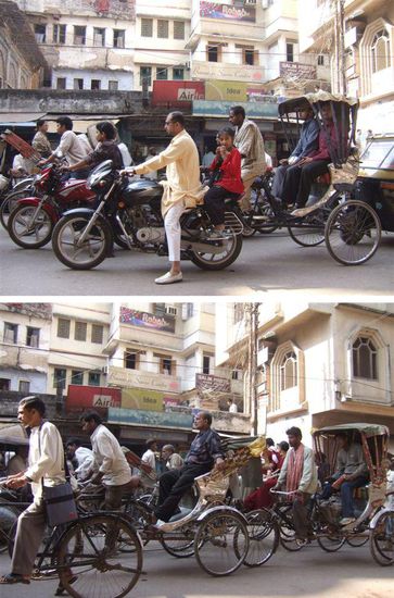 ...oder die Strassen, die zugepflastert sind mit Rikschas, Fahrraedern, Motorraedern, Autos und hin und wieder einer Kuh dazwischen...