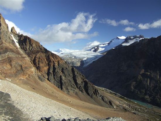 Im Hintergrund sieht man einen Teil des "Suedlichen Patagonischen Eisfeldes". Nach Antarktis und Groenland ist es das drittgroesste Eisfeld der Welt!