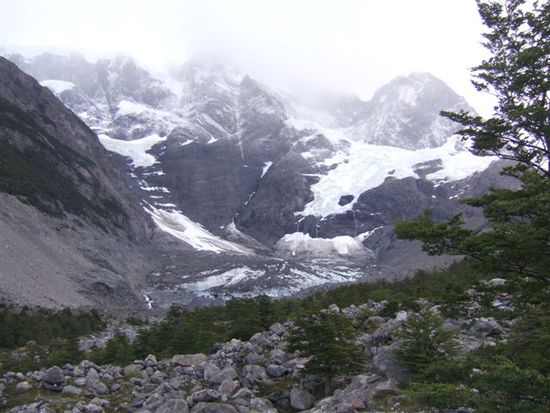...auf den vernebelten Glaciar Frances blicken, waehrend sich hinter uns ...