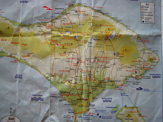 Die Route: Von KUTA (links unten) über Denpasar Richtung Norden nach UBUD, Richtung Osten über Gianyar und Klungkunk nach CANDI DASA und einem Abstecher nach Tenganan. 
Weiter über Prasi, Bebandem, Rendang, Penelokan (Lake Batur), Bantang zur Nordküste über Kubutambahan nach LOVINA.