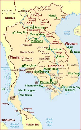 Landkarte von Thailand, Cambodia, Vietnam und Laos