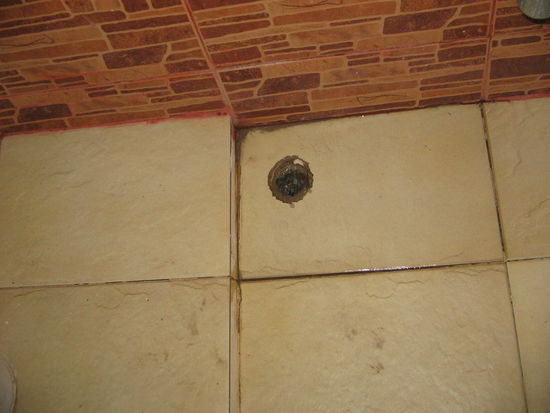 Das ist der Abfluss! Einfach ein Loch im Boden. Ich dachte zuerst, das sei gar nicht so unpraktisch, aber in der Realität sieht es wohl anders aus; abends hatte ich immer Socken an, als Mückenschutz. Und...ich hab jedes Mal vergessen, die Socken auszuziehen. Also wurden sie IMMER nass......(Aber wenigstens blieb der Boden in Toilette und Bad immer sauber!)