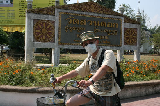 Enrico mit Fahrrad durch Chiang mai,keine Show ich hatte einfach keine Lust mir die Abgase von den stinkenden Tuk Tuks vor der Nase reinzuhauen.
