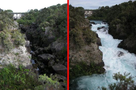 Aratiatia Rapids bei geschlossener und offener Schleuse