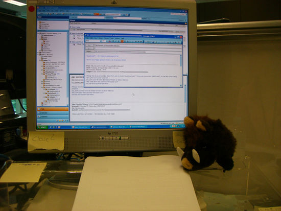Schroeder schaut auf ein leeres Blatt papier waehrend ich froehlich mit Mum emails schreibe lol