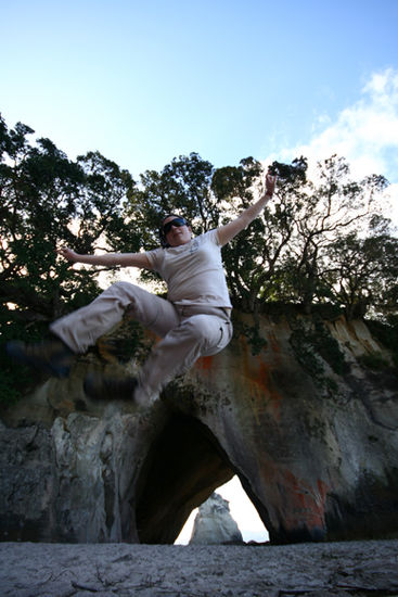 me jumping in front of cathedral cove