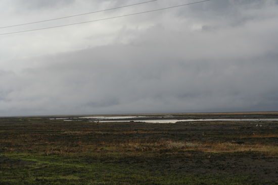 dahinter ist irgendwo der Vulkan versteckt ... alles Wolken.. davor Felder von Asche und Schlamm bedeckt.