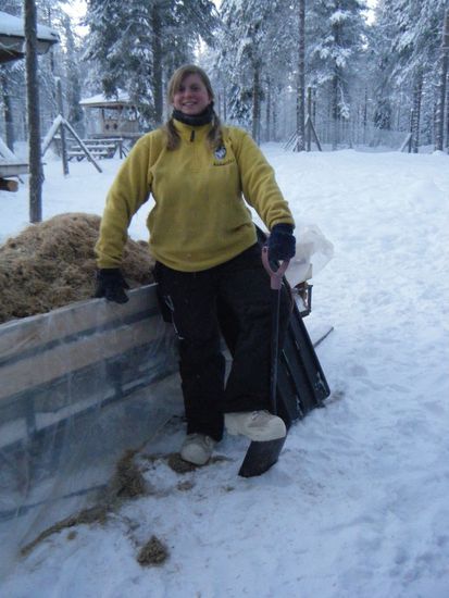 Corinna beim Holzwolle ausmisten