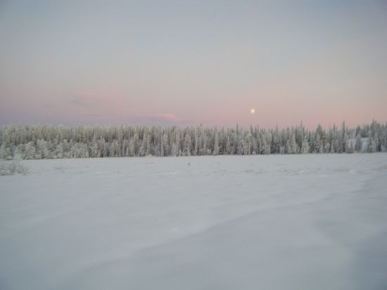 Das war soooo schoen und kommt auf dem Foto gar nicht so gut rueber. Rosaner Himmel und dann ein fast-Vollmond mittendrin!!!