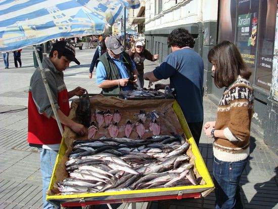 Valeria kauft Fisch fuers Mittagessen