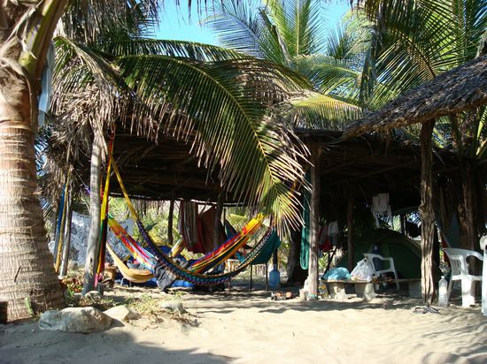 hier haben 4 Schweizer ihren Wohnbereich mit eigenen Hängematten eingerichtet. Die 4 Jungs sind mit ihrem Bus von Canada runtergefahren, und hier seit einigen Wochen am surfen