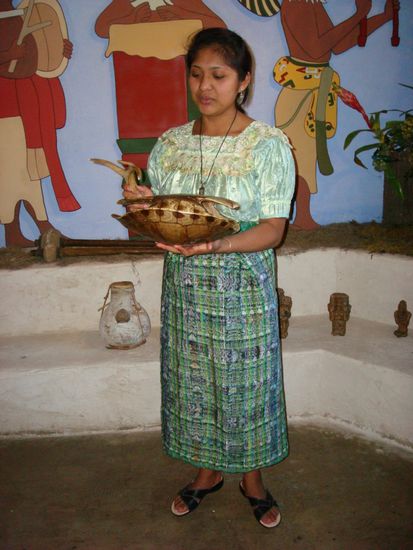 unsere Fuehrerin zeigt uns gerade, wie man mit einem Schildkroetenpanzer Musik macht