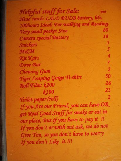 Menue-Karte in Jean's- Guesthouse. Und das in China (wir waeren fast noch einen Tag laenger geblieben...)! 