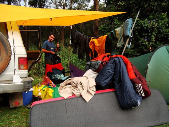 beim Versuch unsere Sachen zu trocknen.