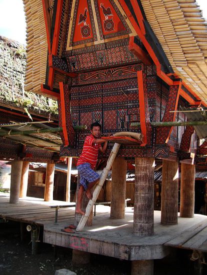 Agust vor einem neu gebauten Reisspeicher. Ein Bambusrohr dient als Leiter.