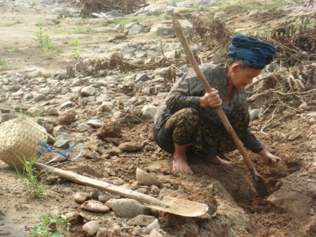 ...local Lady auf Goldnuggetsuche am Ufer des Mekongs..Laos wäre reich an Bodenschätzen!