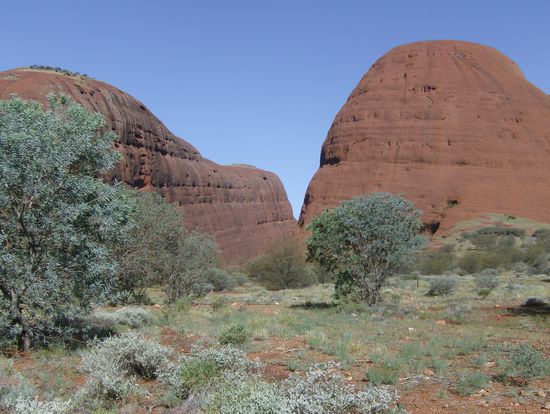 Die Kata Tjuta (die Olgas) sind eine Gruppe von 36 Inselbergen in Zentralaustralien ca. 51 km entfernt von dem Ort Yulara. Gemeinsam mit dem 30 km entfernten Ululu (Ayers Rock) bilden sie den Ululu–Kata-Tjuta-Nationalpark. Der höchste Fels ragt 564 m aus der Umgebung heraus (1.069 m). Kata Tjuta bedeutet in der Anangu-Sprache viele Köpfe.
Die Kata Tjuta wurden von ihrem europäischen Entdecker Ernest Giles nach der Königin Olga von Württemberg die Olgas genannt. 1995 wurden sie wieder offiziell in Kata Tjuta umbenannt.
http://de.wikipedia.org/wiki/Kata_Tjuta
