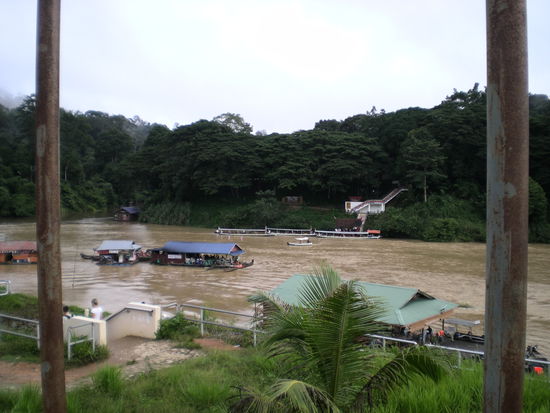 Das ist der Blick vom Kampung (Dorf) Kuala Tahan - bei der Tourist Information - auf die Flooting Restaurants. Hier sind sie mitten im Fluss.Aber abends war das Wasser so weit weg, dass man über einen wackeligen Steg hinüber gehen konnte.
