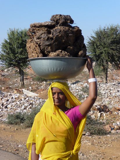 Frau mit getrocknetem Kuhdung zum Feuermachen zuhause.