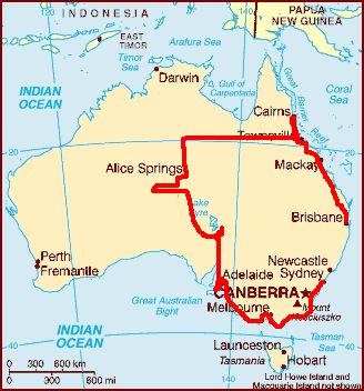die Route mit Start in Sydney, weiter über Melbourne, KI, Adelaide, Uluru, Alice Springs,Tennant Creek, Townsville,Cairns und von Brisbane wieder nach hause