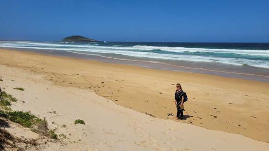 Ganz alleine an dem schönen Tabourie Beach mit hohen Wellen (Bekannt für große Wellen zum Surfen)