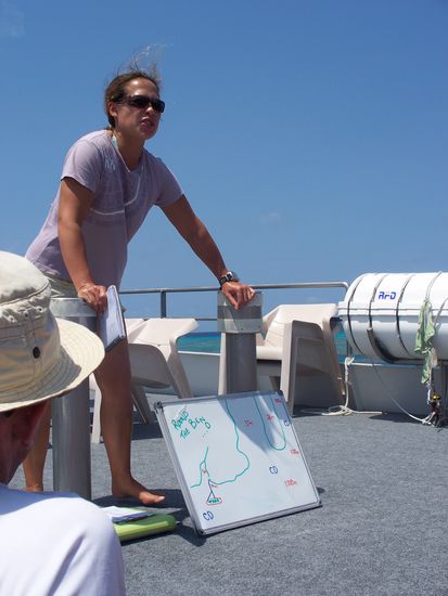 Das war Jane, sie leitete die ganze Tauchsafari. Nette Zeichnungen des Reefs halfen uns zur Orientierung, damit wir nicht verloren gingen. Fuer den Fall, dass man den Weg zum Boot nicht zurueckgefunden hat, oder man von einer Stroemung erfasst wurde, hat immer ein Guide vom Boot aus Aufsicht gehalten, um bei Bedarf das kleine Schlauchmotorboot loszuschicken, und die Taucher abzuholen...war echt alles sehr professionell! Vor jedem Tauchgang sprang sogar ein Crewmitglied ins Wasser um die aktuelle Stroemung zu erfassen, das war echt sehr gut und hilfreich, dann wusste man, was einen im Wasser erwartete.