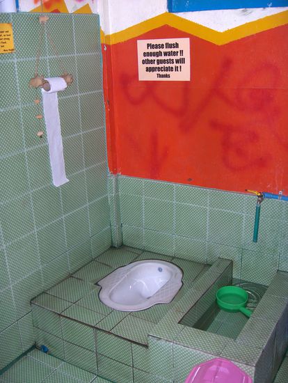 Leute, auch das gehoert zum richtigen Backpackerleben dazu, und ich bin mir sicher, dass nun einige von euch nicht mehr so neidisch sein werden... Die thailaendischen Toiletten funktionieren naemlich anders als unsere Luxusklos! Nach "dem Geschaeft" wird mit dem gruenen Wasserschoepfer nachgespuelt, wobei es auch manchmal zur Ueberschwemmung kommen kann. Wer Klopapier benutzt (ein Wunder, dass es in dieser Toilette ueberhaupt Klopapier gab...) muss dieses nach dessen Benutzung in den Muelleimer (pinkes Ding vorne im Bild) schmeissen. Nichts fuer Luxusschnecken!