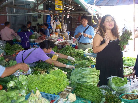 Als erstes gingen wir auf den Local Market und kauften die Zutaten fuer den Kochkurs ein. Mit viel Charme und Witz zeigte und erklaerte uns unsere Kochlehrerin Nokki die traditionellen Zutaten der thailaendischen Kueche.