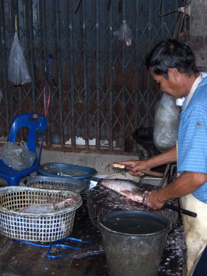 Wir "genossen" den Anblick, wie dieser Mann dem lebenden Fisch erst einmal den "Gar ausmachte" und ihn danach fuer den weiteren Verkauf praeparierte.