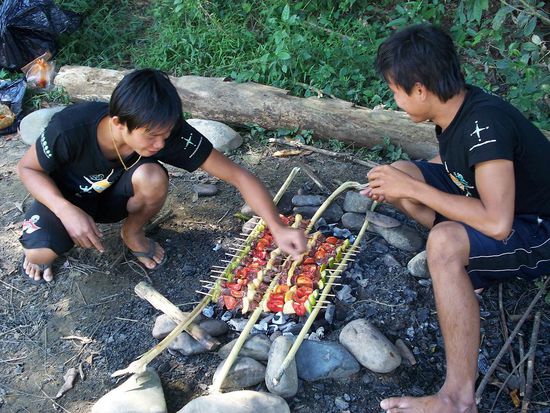 Uns wurde ein superleckeres Mittagessen gezaubert: Frisch gegrillte Fleisch-Gemuese-Spiesse mit Reis