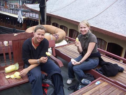 Da mussten wir natuerlich zugreifen und genossen auf dem Deck unsere koestlich schmeckende Ananas.
