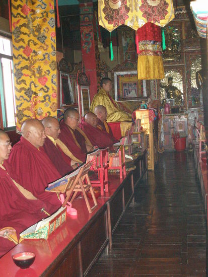 buddistische Moenche beim Gebet/Konzert mit einem Guru