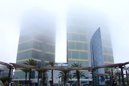 Der Nebel deckt oft die Hochhaueser ein