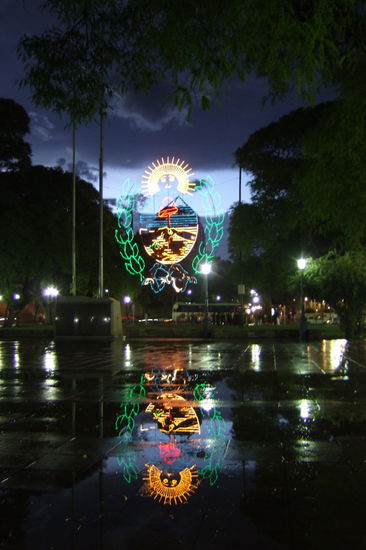 Nach einem Wolkenbruch spiegeln sich die Lichter im Wasser.