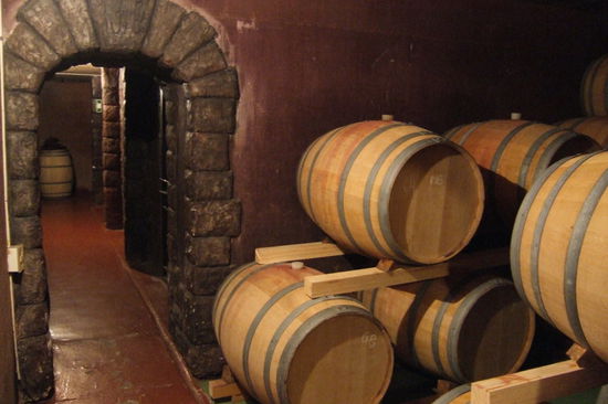 In disen Eichenfaessern "reift" der Wein fuer einige Monate heran.