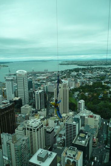 Auf dem Skytower beobachten wir die Skyjumper. Hier haengt soeben einer in der Luft!