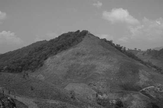 Durch Napalm-Bomben kahlgeschorene Huegel