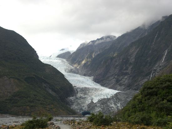 Der Franz Josef Gletscher inmitten von gruenen Bergen...