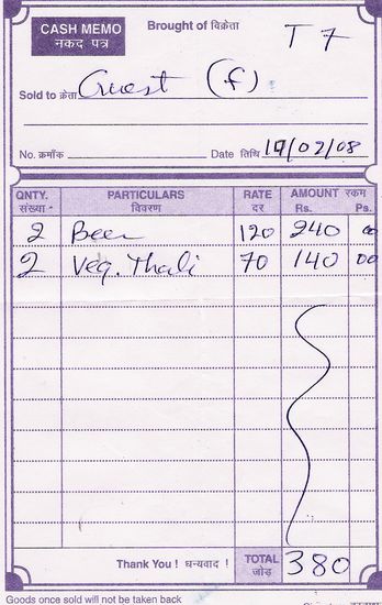 Wenn es Bier gibt ist es teuer als das Essen !! Also Rs 380,-- für´s Abendessen und Rs 500,-- für´s Quartier.