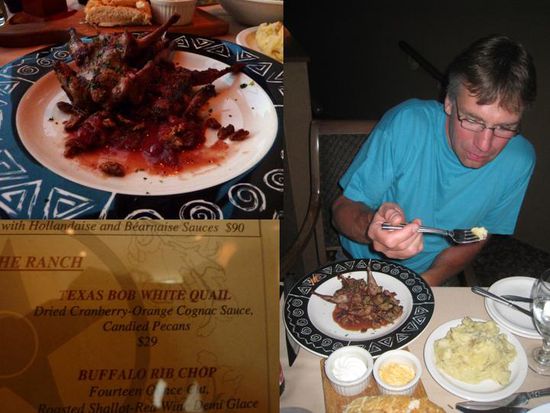 Quail = NICHT FROSCH !!!!!
auch wenn´s so aussieht, sondern Wachteln. Günter hat dann meinen potato-smash mit Salat gegessen und ich mußte fasten - selber schuld, wenn man was bestellt, wo man gar nicht weiß, was es ist.