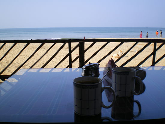 nochmal goa: chai (immer gut) und kaffee (meistens schlecht) morgens (mit jack johnson im ohr, wie geil!) im restaurant meines guesthouses. 10 meter dahinter steht meine palmblatthuette, seufz...