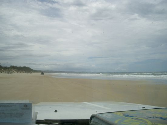 Der Weg am Strand... Die Australier nennen dies den Fraser Highway. Weil in Saisonzeiten und Wochenends der Strand wie auf einem Highway befahren wird. Pro Jahr besuchen 25`000 Autos diese Insel. Pro Auto ist wohl nicht nur 1 Person anwesend...