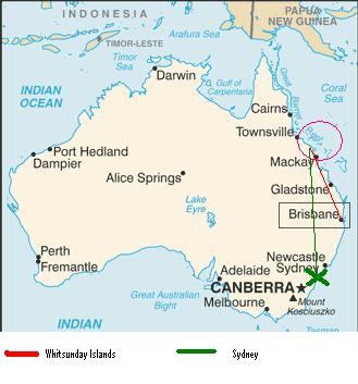 Fuer diejenigen, welche nicht genau wissen wo sich Airlie Beach und die Whitsunday Islands befinden...
Diesen Sonntag werde ich nach Airlie Beach fliegen. Dann 5 Tage spaeter nach Sydney....