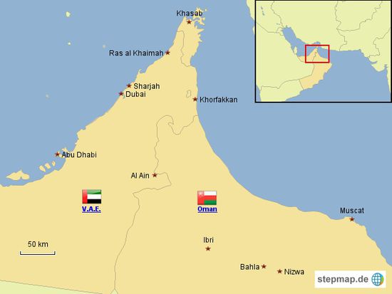 Hier seht Ihr unsere bereisten Orte in den Vereinigten Arabischen Emiraten und im Oman.