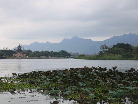 Aussicht ueber den River Kwai von unserem neuen Guesthoese "Tamarind". (Die Bruecke im Hintergrund ist nicht die Bruecke.)